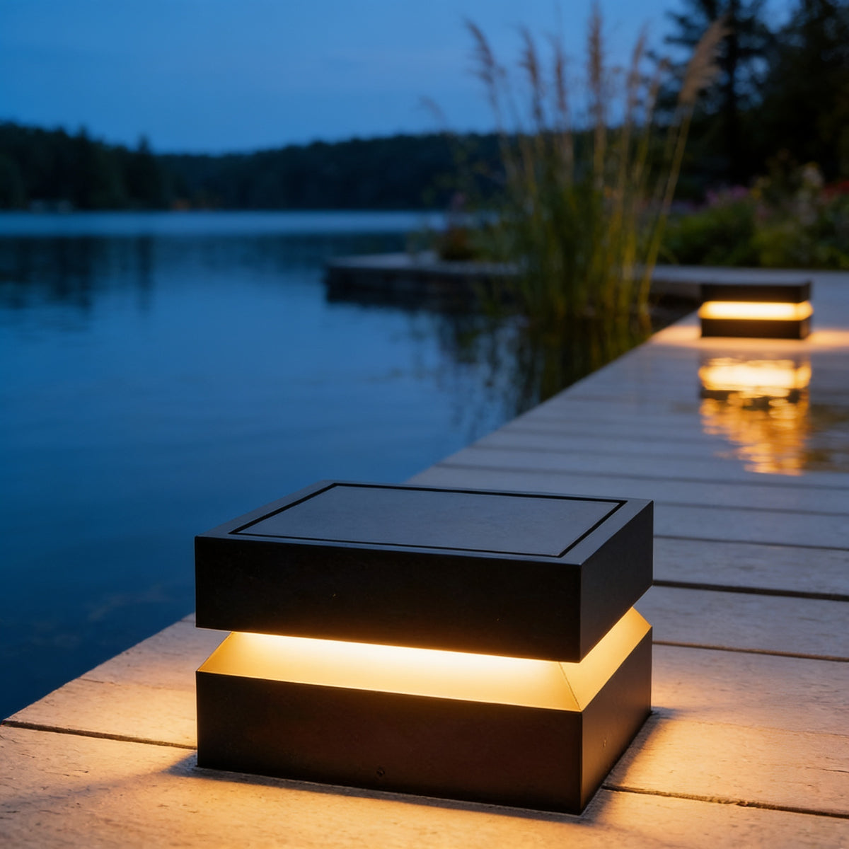 Square Solar Post Light on a boardwalk deck
