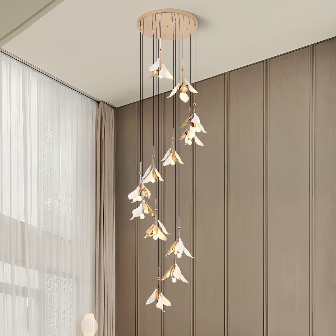Ceramic Blossom Spiral Staircase Chandelier, Gold Iron Long Drop Light