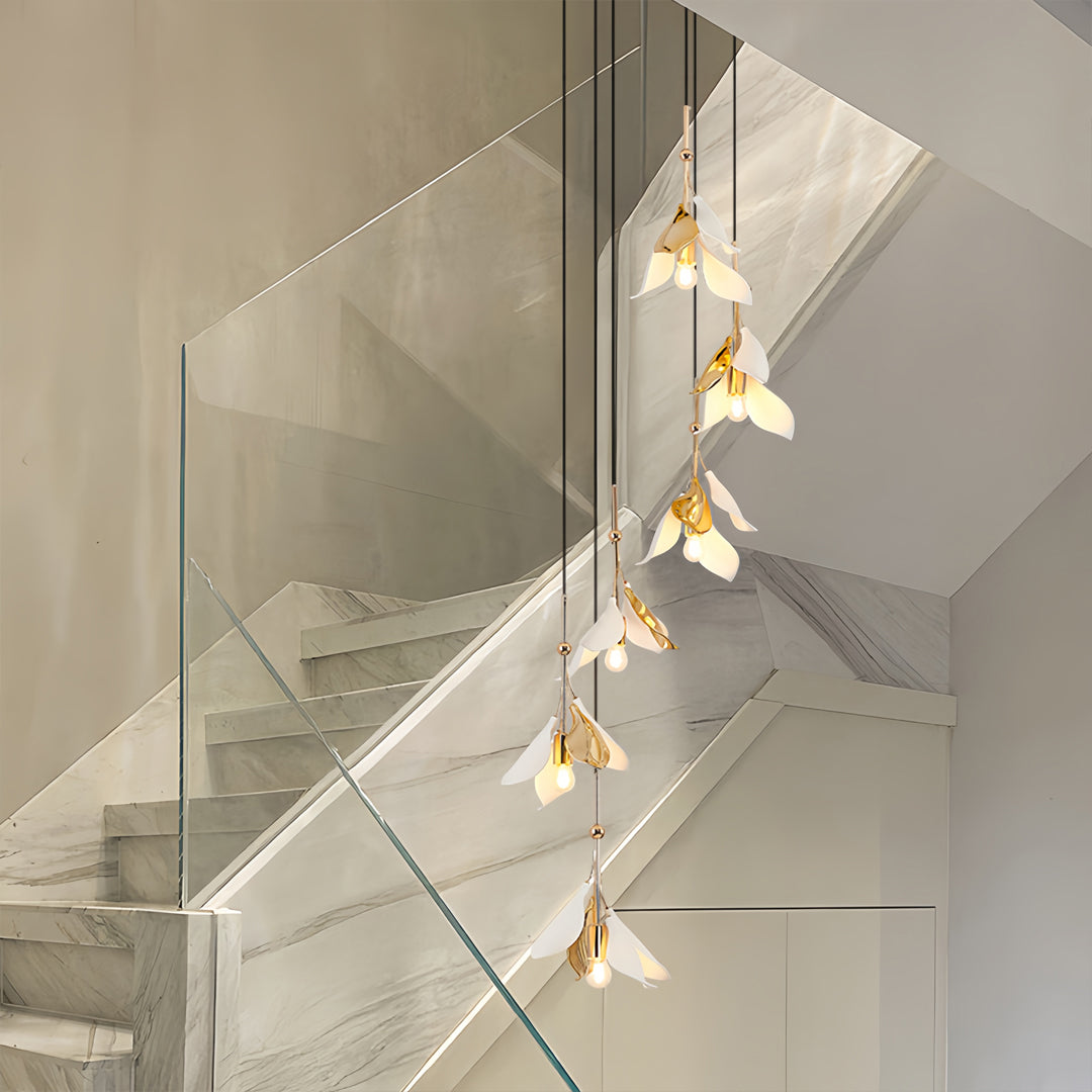Ceramic Blossom Spiral Staircase Chandelier, Gold Iron Long Drop Light 2