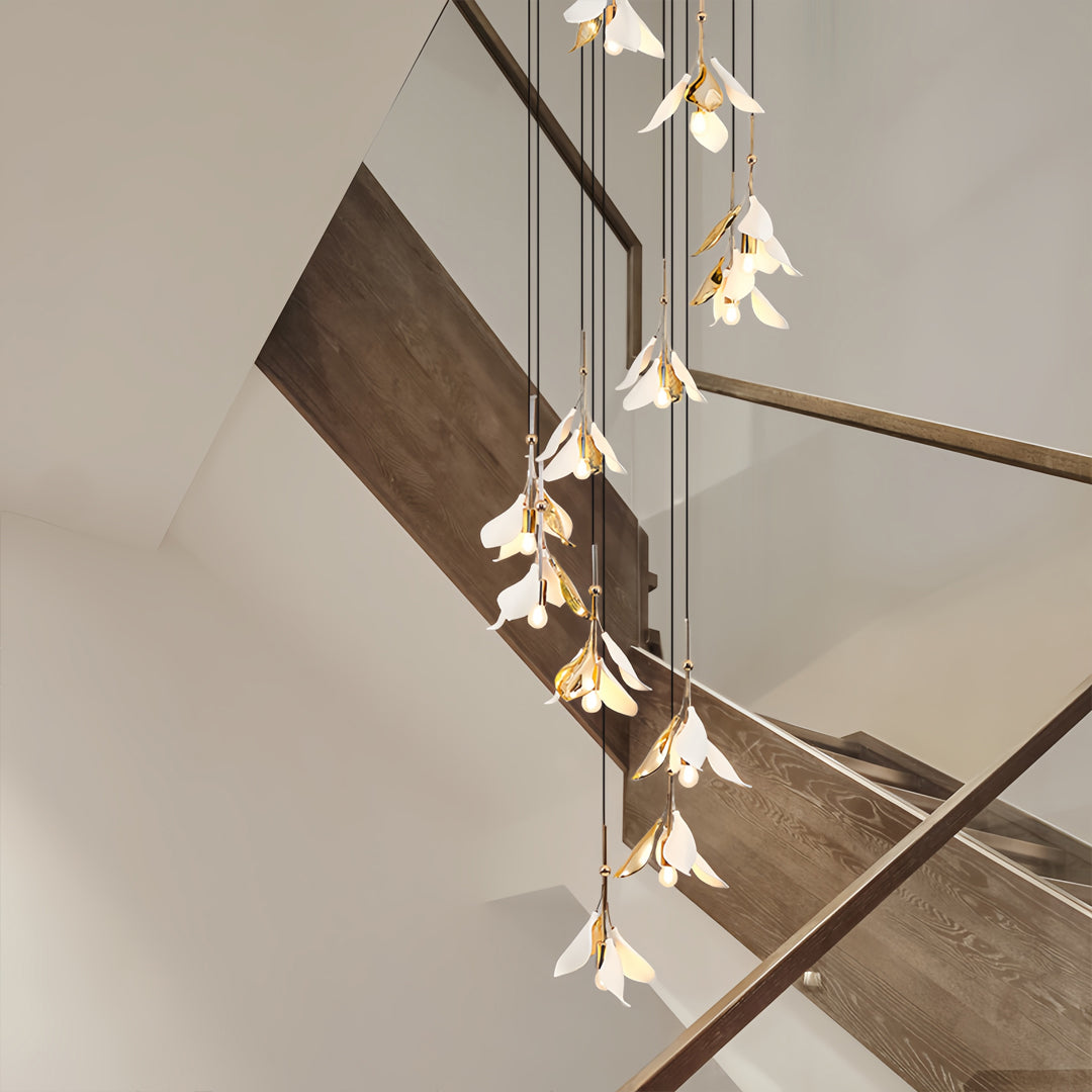 Ceramic Blossom Spiral Staircase Chandelier, Gold Iron Long Drop Light 4