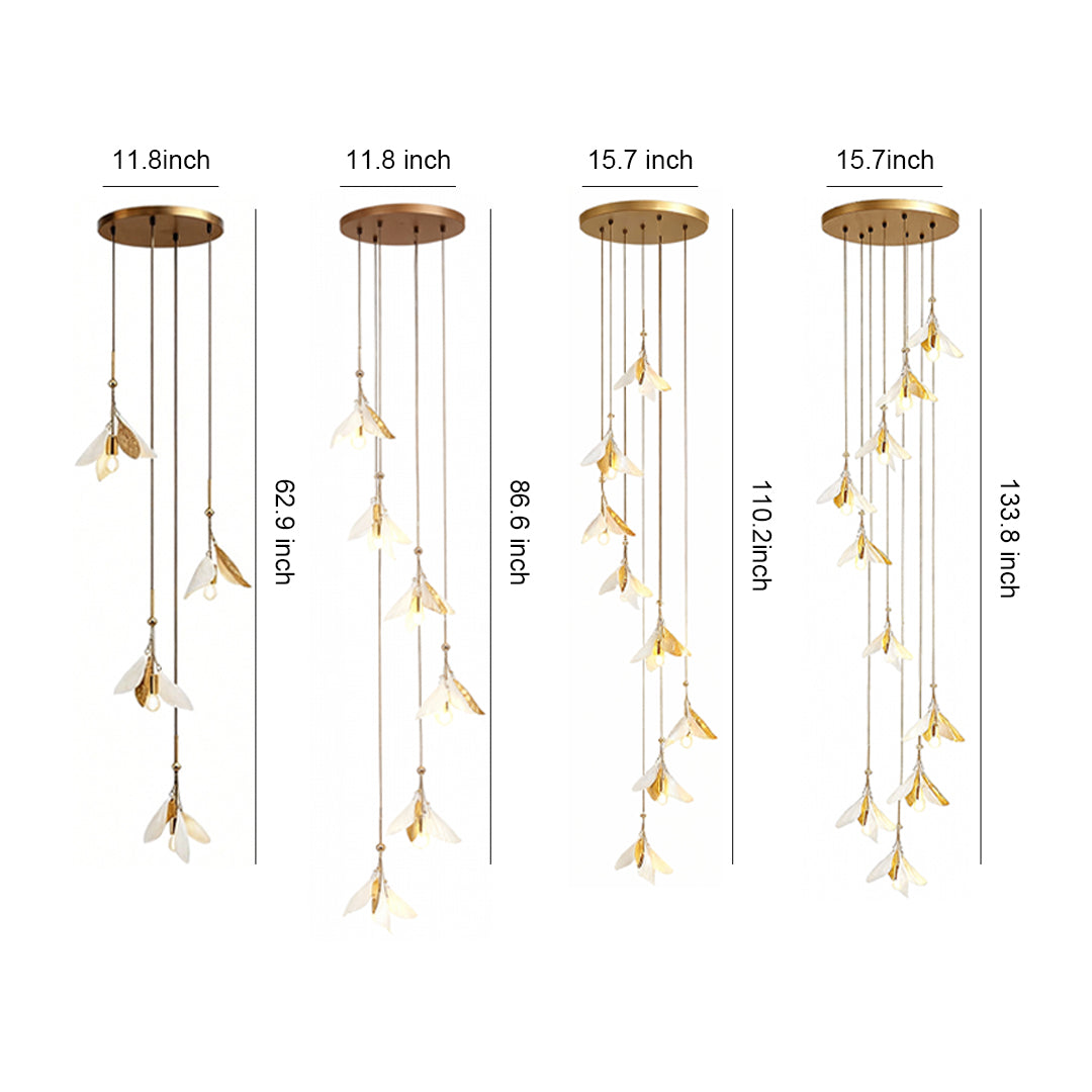 Ceramic Blossom Spiral Staircase Chandelier, Gold Iron Long Drop Light 17