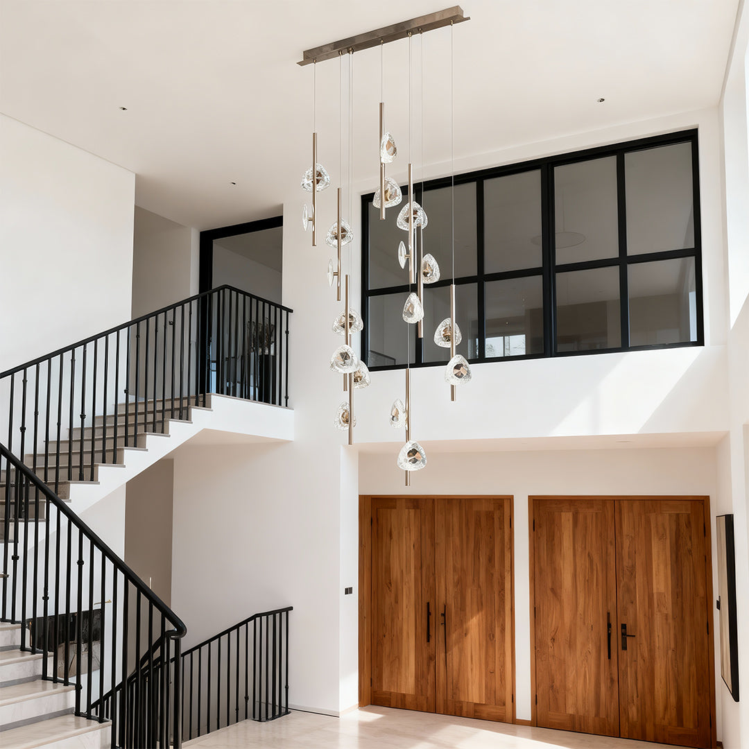 Crystal Petal Rod Staircase Chandelier, Linear Gold Long Drop Light 2