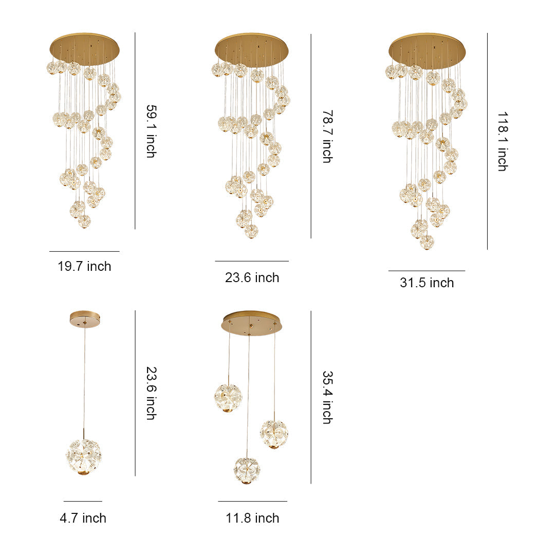 Crystal Flower Ball Staircase Chandelier, Gold Iron Long Drop Light 12