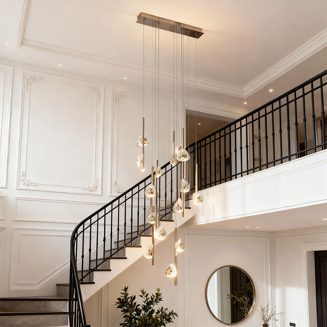 Crystal Petal Rod Staircase Chandelier, Linear Gold Long Drop Light 4