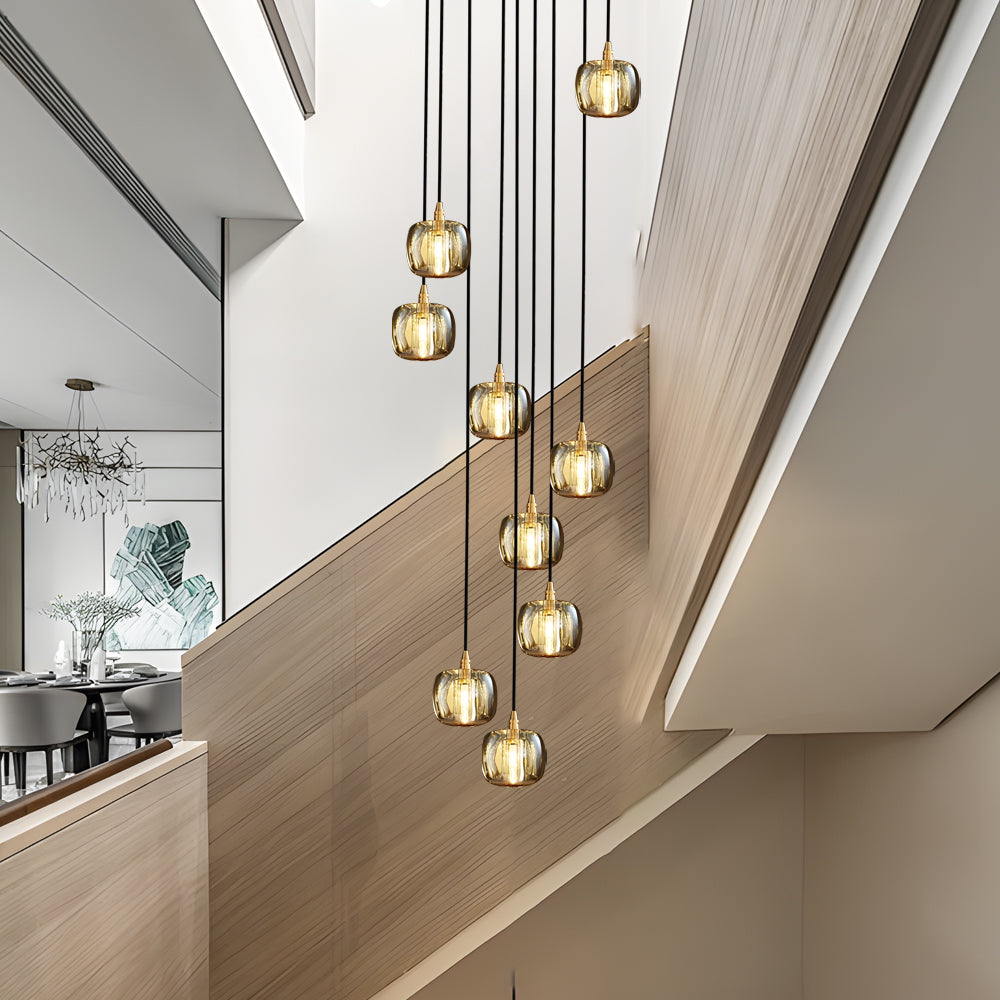 Crystal Cube Spiral Staircase Chandelier, Copper Long Drop Light 10