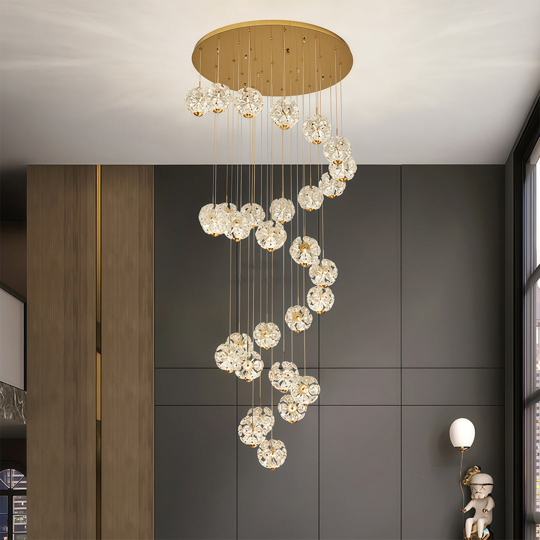 Crystal Flower Ball Staircase Chandelier, Gold Iron Long Drop Light