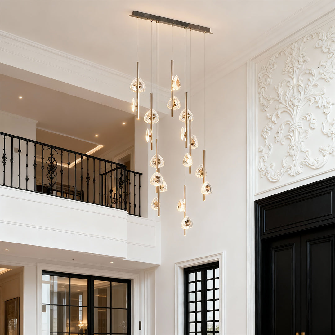 Crystal Petal Rod Staircase Chandelier, Linear Gold Long Drop Light 5