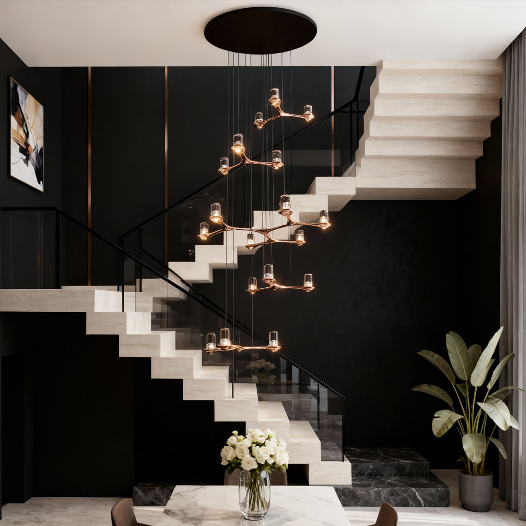 Twig Copper Crystal Staircase Chandelier, Warm Gold Long Drop Light 5