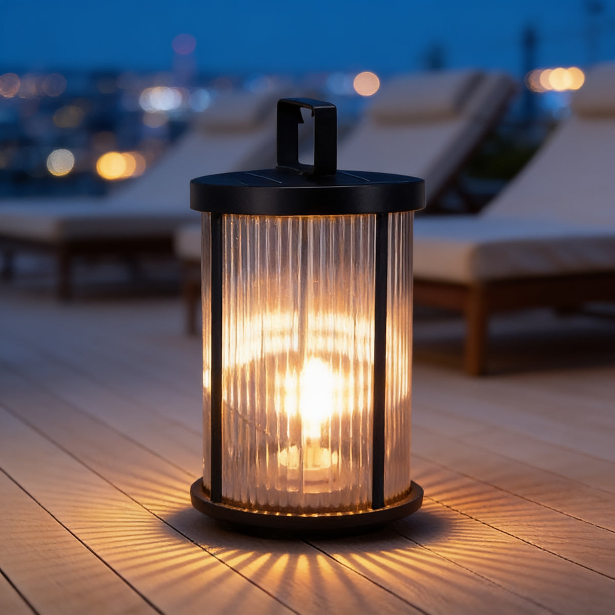 Striped Glass Solar Lantern on a rooftop deck