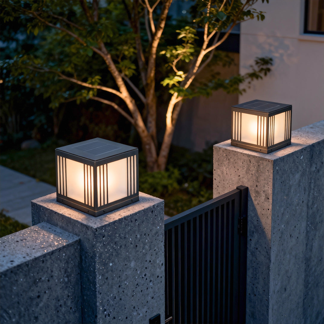 Glass Cube Solar Gate Light, Black Copper Pillar Post Light