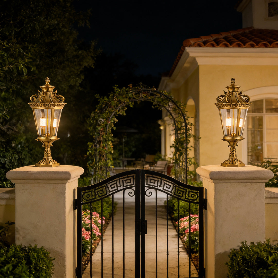 Scrolled Crown Pillar Lantern, Antique Copper Fence Post Light