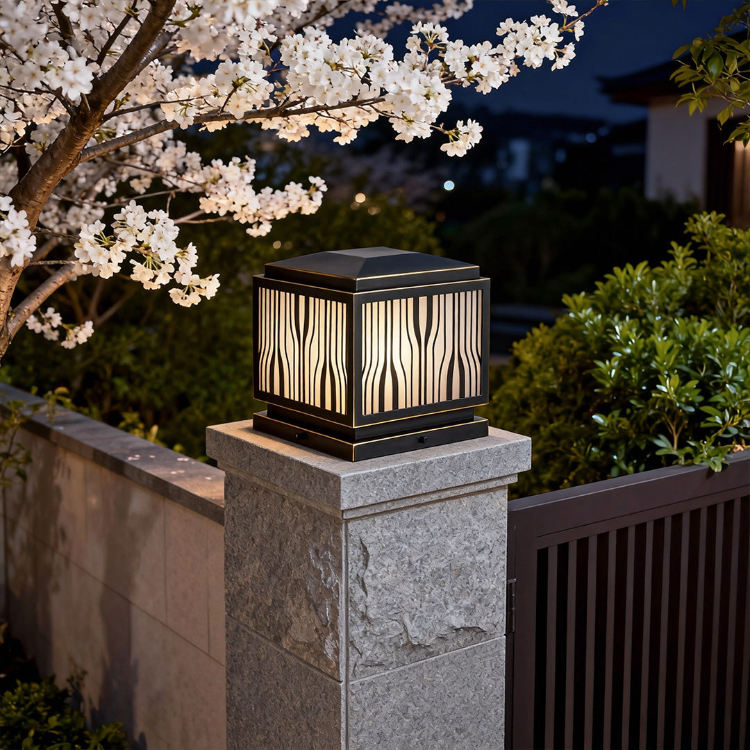 Wavy Glass Pillar Cap Light, Black and Gold Copper Post Light