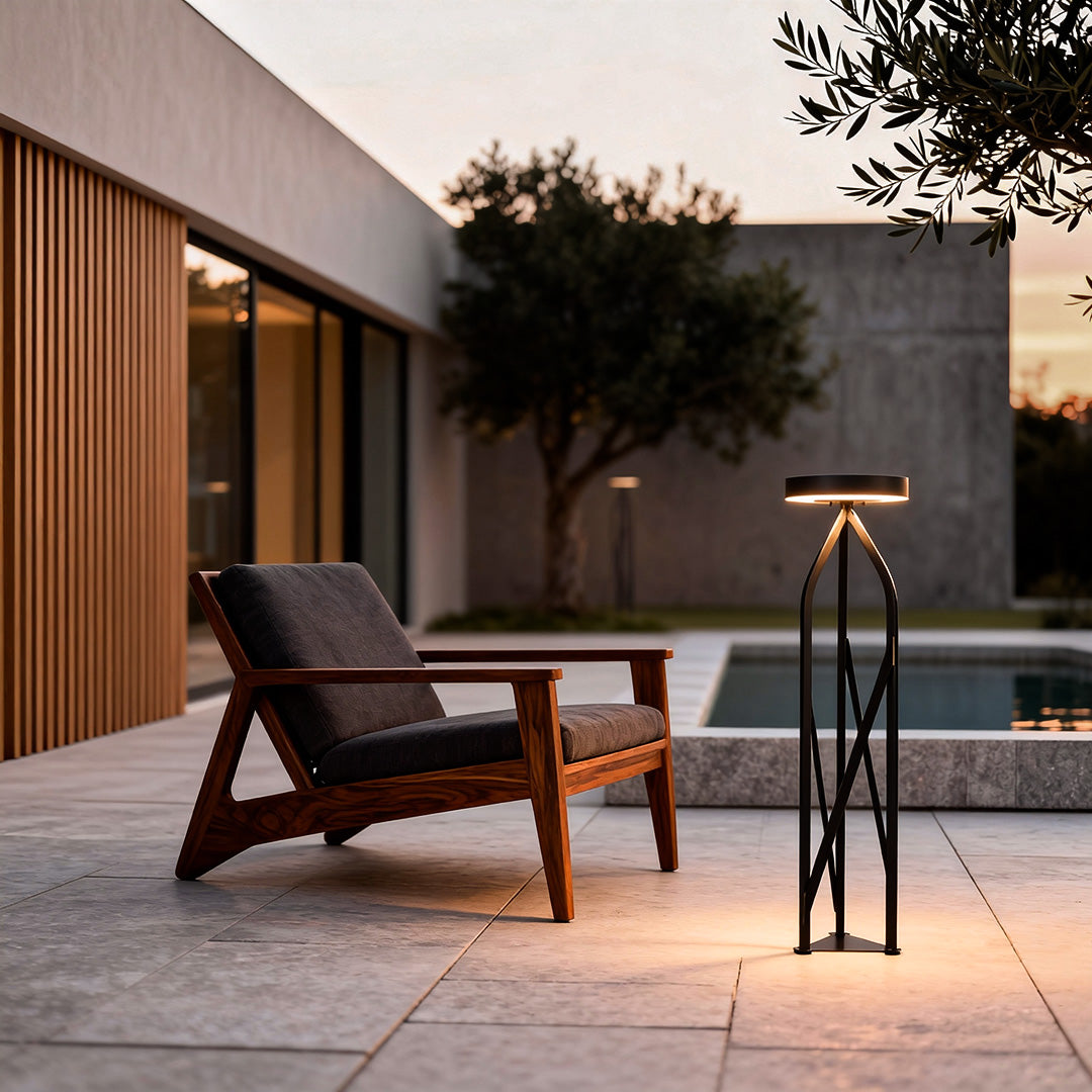 Crossed Frame Patio Floor Lamp, Black Copper Outdoor Floor Light