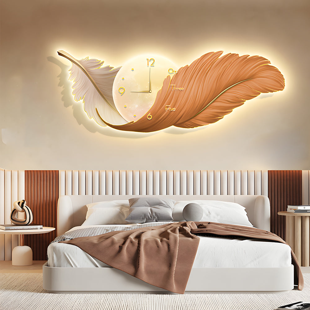 Sweeping Feather Clock Wall Art, Embossed Backlit Wall Light