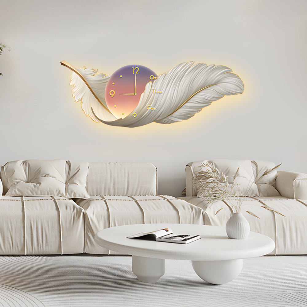 Sweeping Feather Clock Wall Art, Embossed Backlit Wall Light