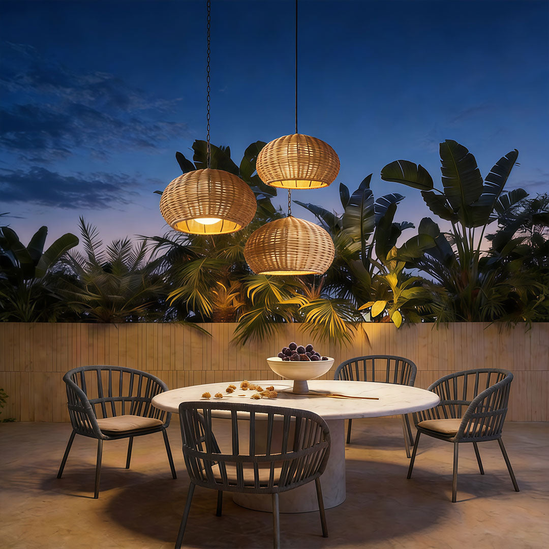 Isla Terrace Restaurant Set – Lamu Rattan Outdoor Pendant, in the space