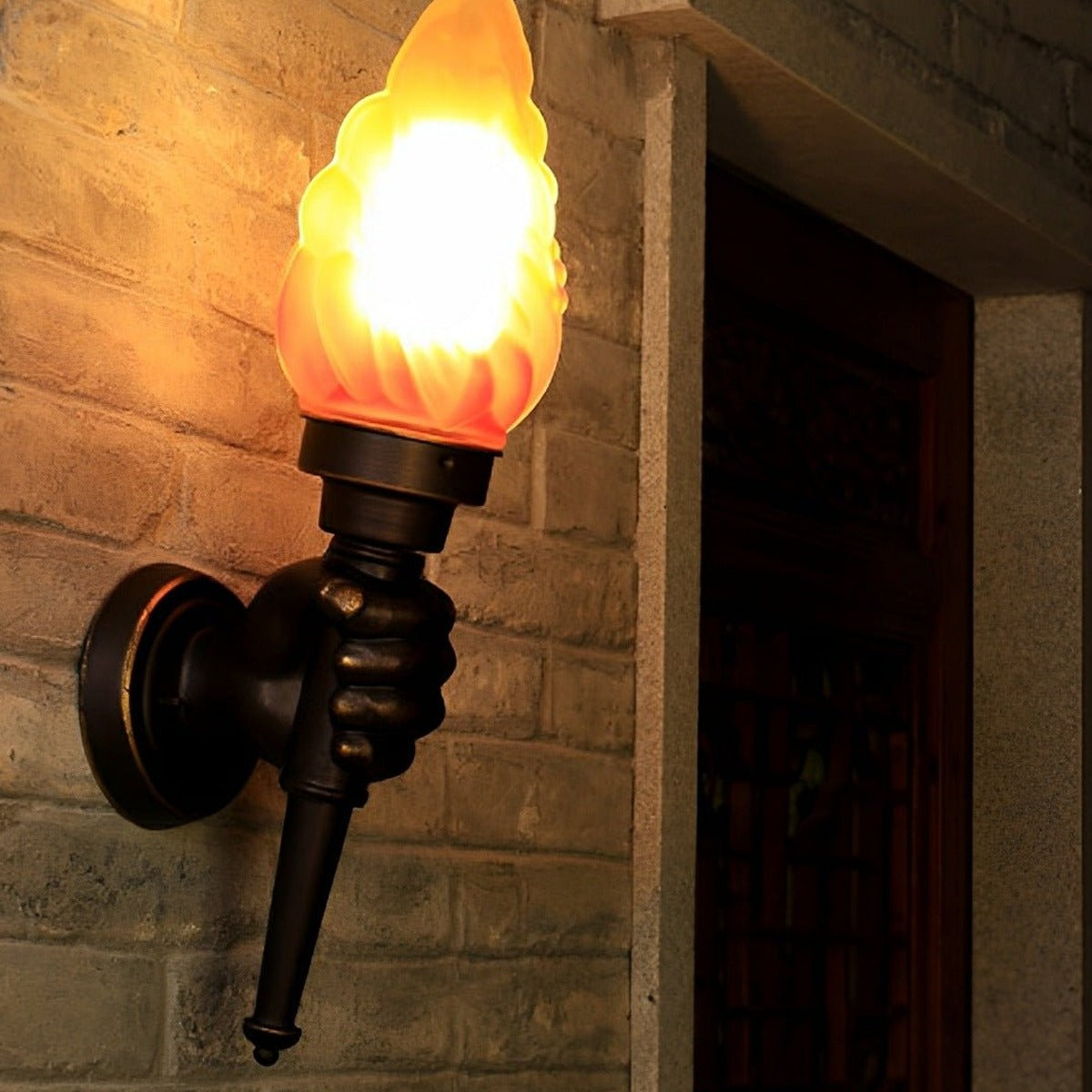 Torch Bearer Flame Wall Sconce, Coffee Aluminum Porch Light