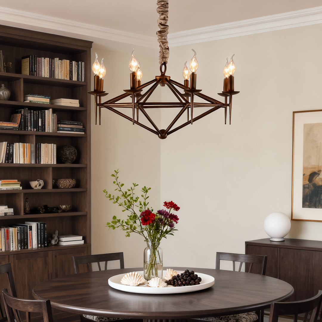 Geometric Diamond Candle Chandelier, Brown Metal Ceiling Light 3