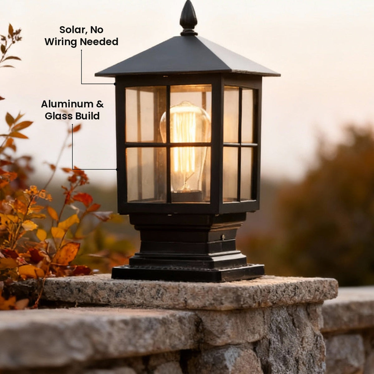 Traditional Stone Pillar Light: Solar, No Wiring Needed, Aluminum & Glass Build