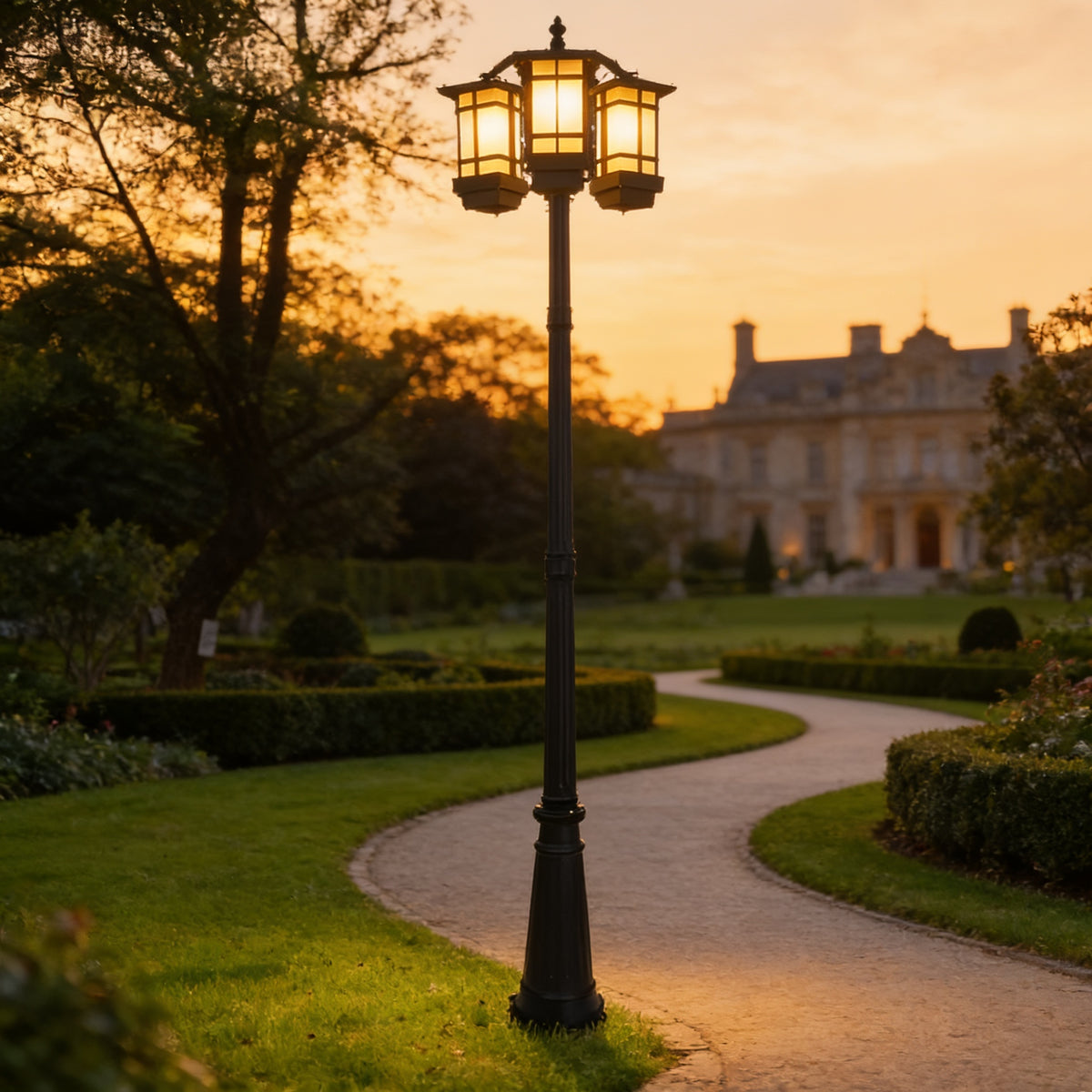 Twin Head Post Light on an estate garden path at dusk