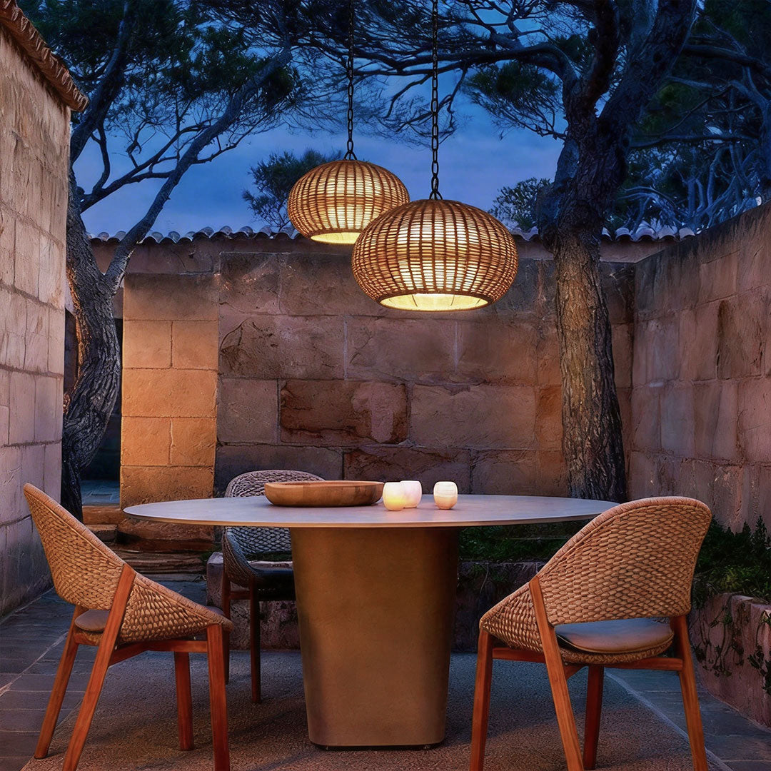 Isla Terrace Restaurant Set – Lamu Rattan Outdoor Pendant