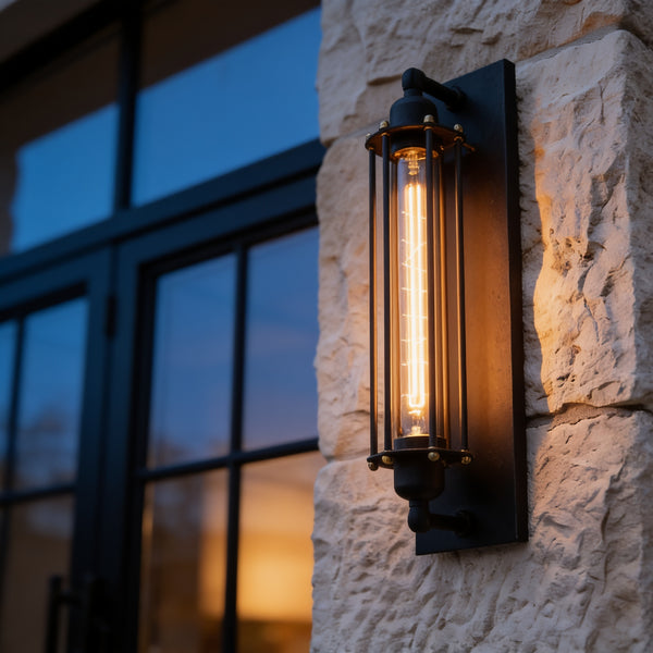 Vintage Barn Wall Sconce with a glowing Edison bulb on a stone wall