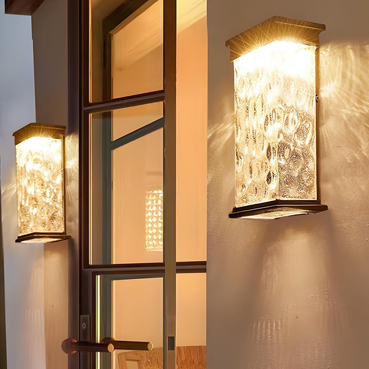 Water Wave Glass Box Lantern, Black Aluminum Outdoor Wall Light
