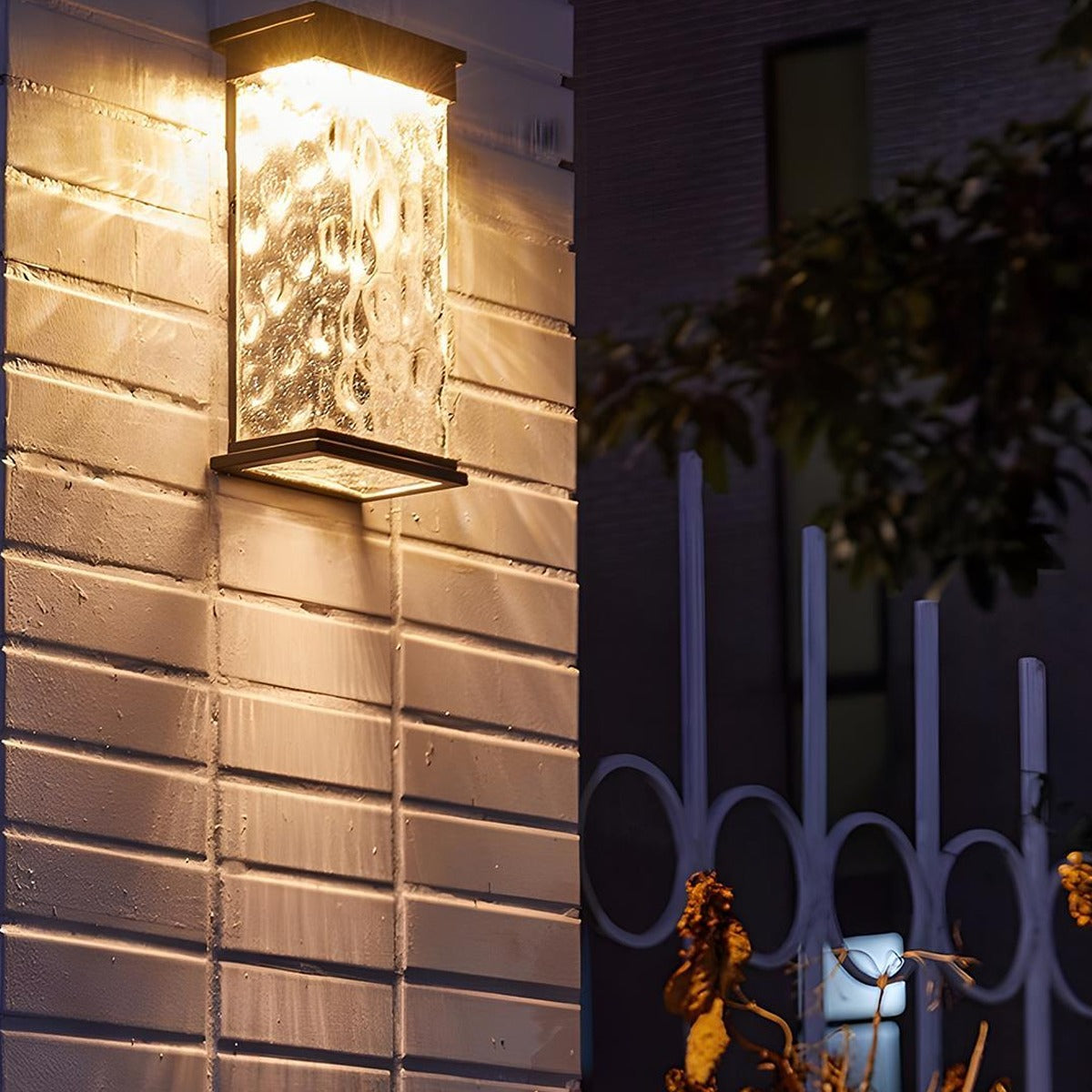 Water Wave Glass Box Lantern, Black Aluminum Outdoor Wall Light 5