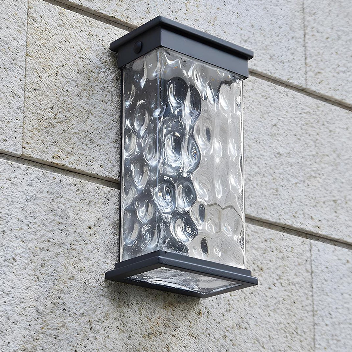 Water Wave Glass Box Lantern, Black Aluminum Outdoor Wall Light 9