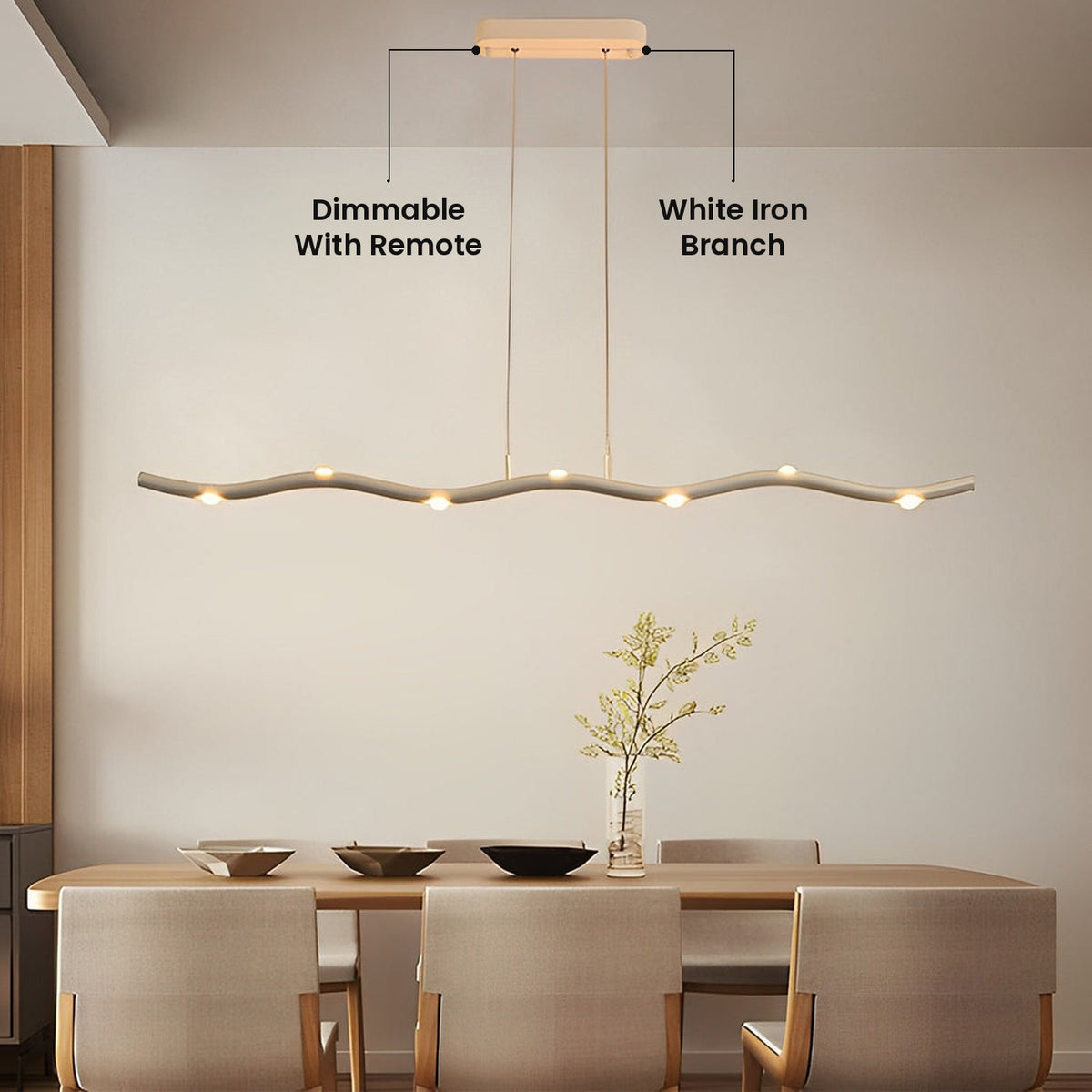 White Branch Wave LED Linear Pendant: White Iron Branch, Dimmable With Remote