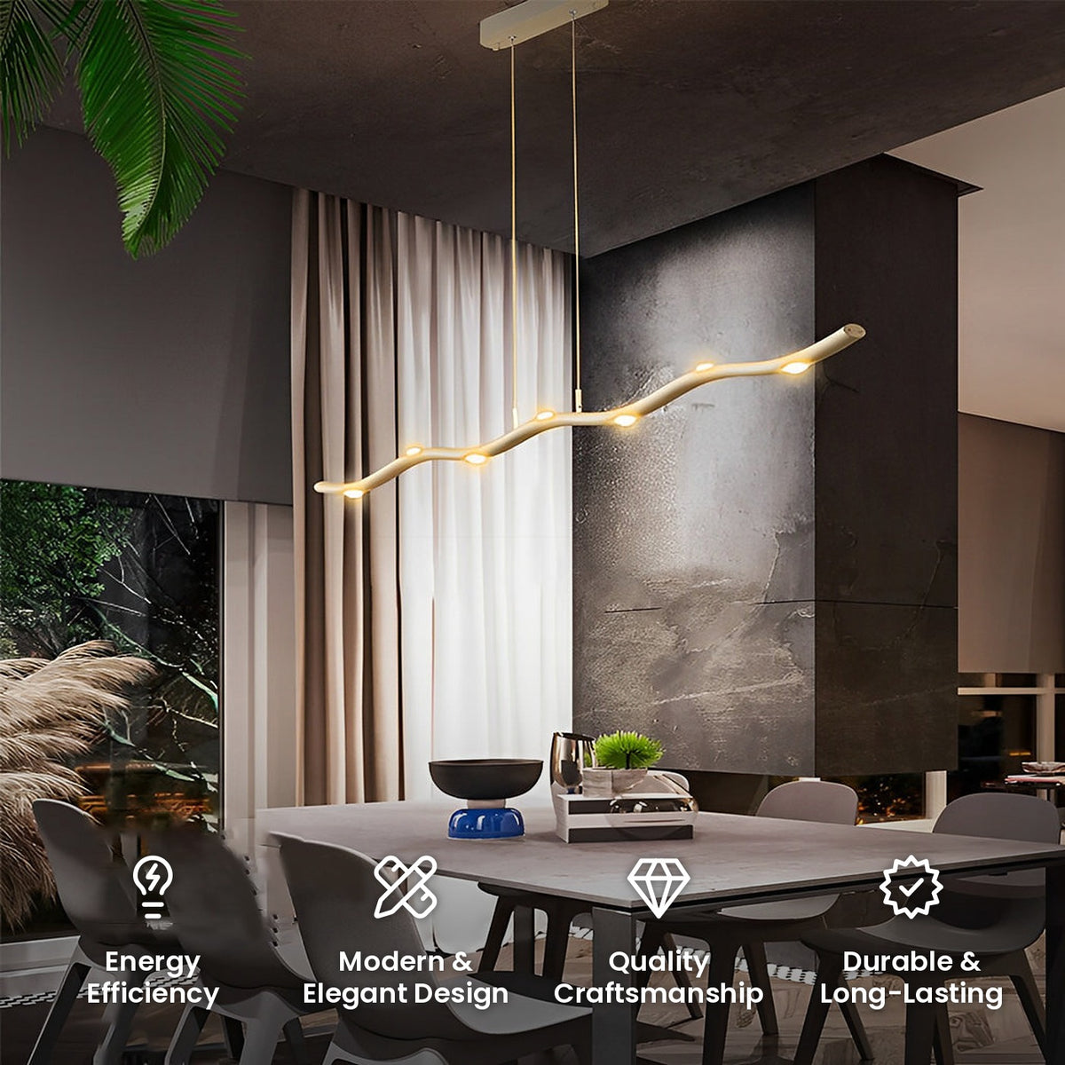 White Branch Wave LED Linear Pendant: energy efficiency, modern and elegant design, quality craftsmanship, durable and long-lasting