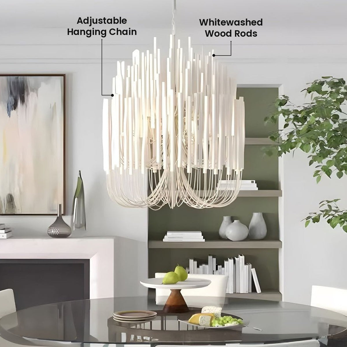 Whitewashed Wood Candlestick Chandelier: Whitewashed Wood Rods, Adjustable Hanging Chain