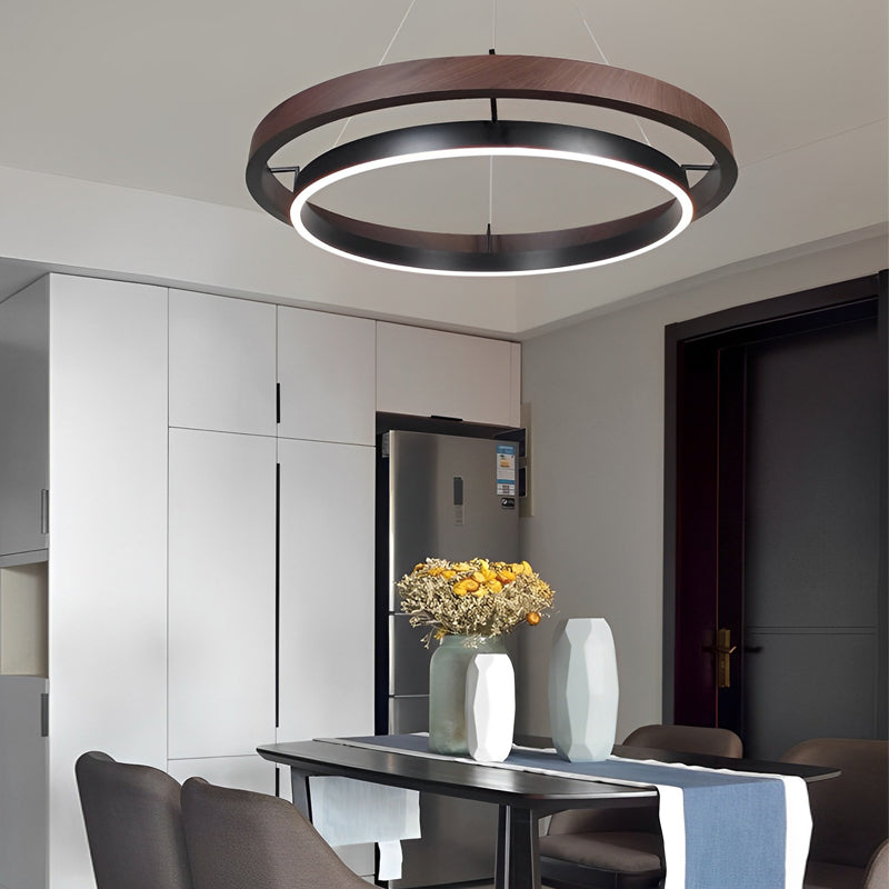 Dual Ring Wood Chandelier, Walnut and Black Dimming LED