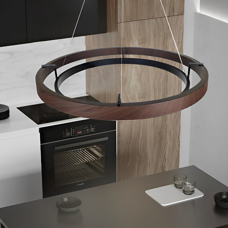 Dual Ring Wood Chandelier, Walnut and Black Dimming LED