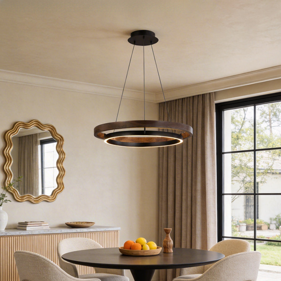 Dual Ring Wood Chandelier, Walnut and Black Dimming LED
