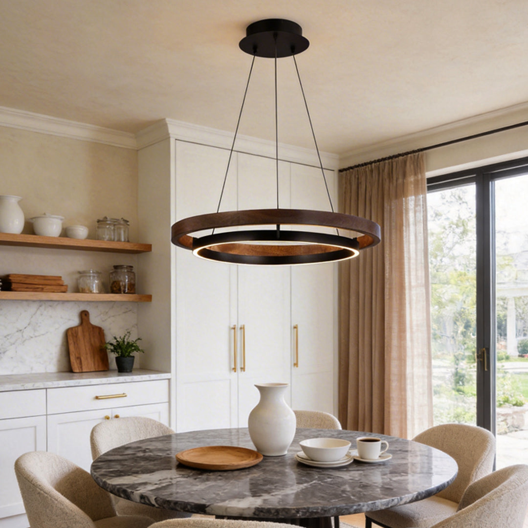 Dual Ring Wood Chandelier, Walnut and Black Dimming LED