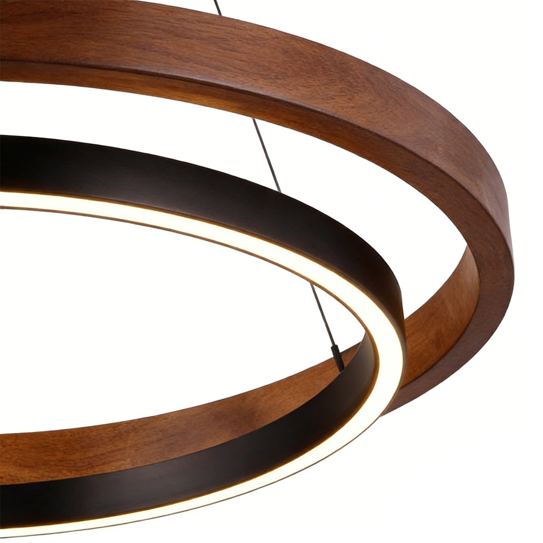 Dual Ring Wood Chandelier, Walnut and Black Dimming LED