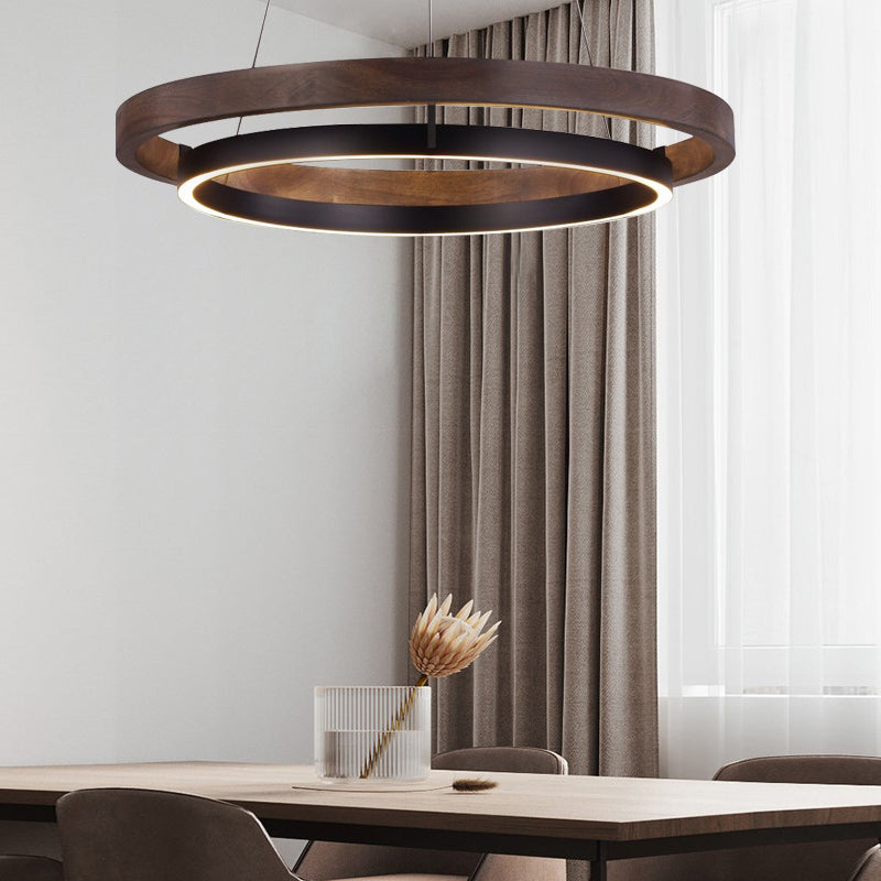 Dual Ring Wood Chandelier, Walnut and Black Dimming LED