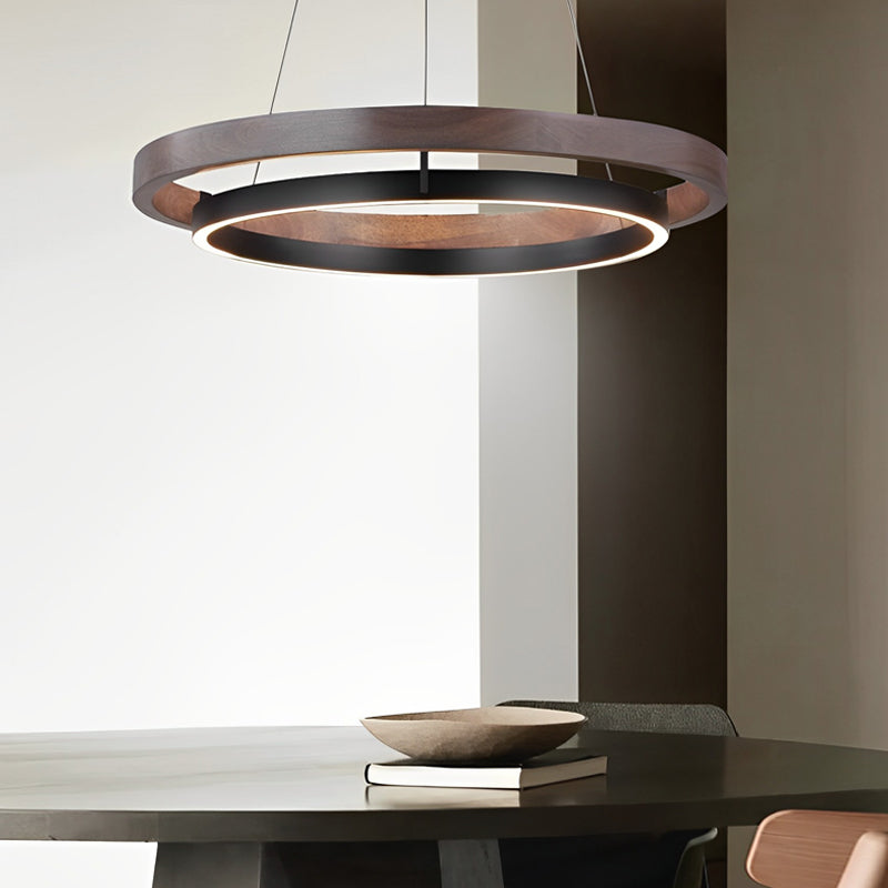 Dual Ring Wood Chandelier, Walnut and Black Dimming LED