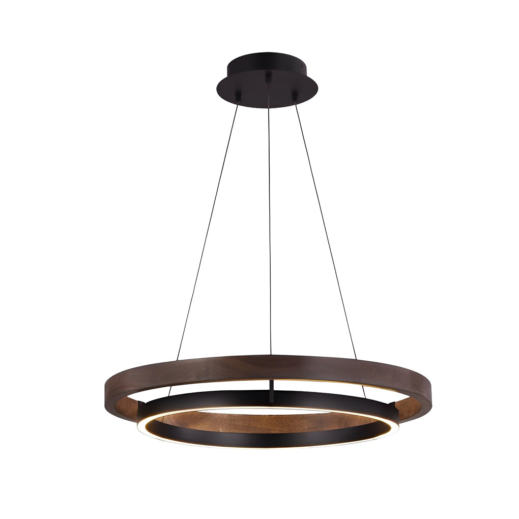 Dual Ring Wood Chandelier, Walnut and Black Dimming LED