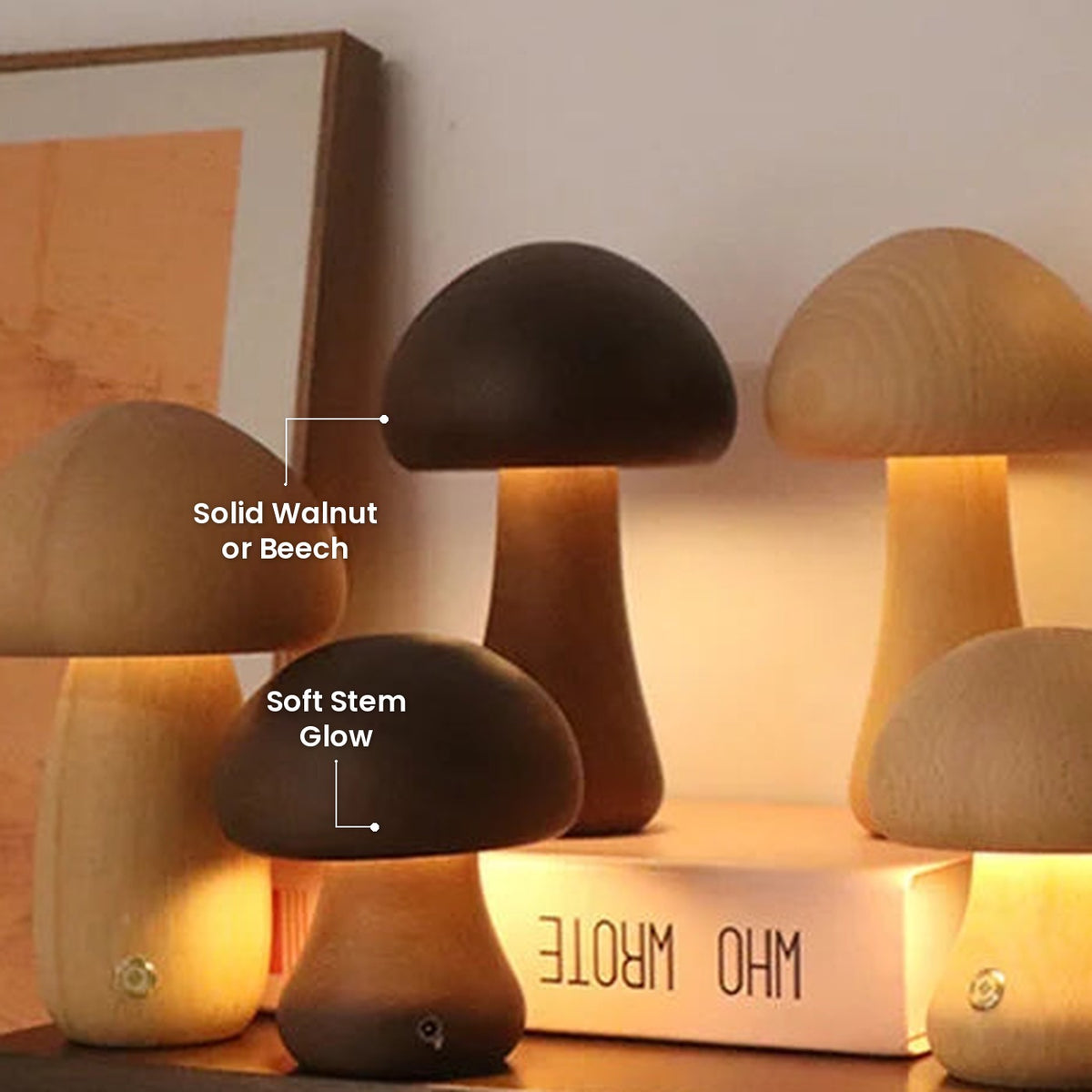 Wooden Mushroom Touch Night Light: Solid Walnut or Beech, Soft Stem Glow