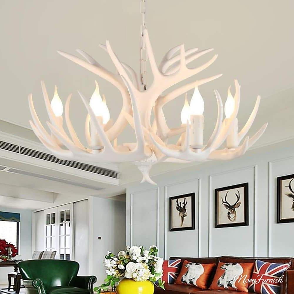 White Antler Candle Chandelier, Resin Rustic Lodge Ceiling Light