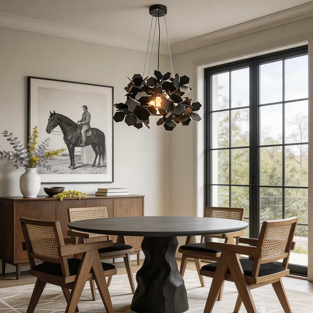 A black iron leaf chandelier glowing over a round black dining table with rattan chairs beside tall windows