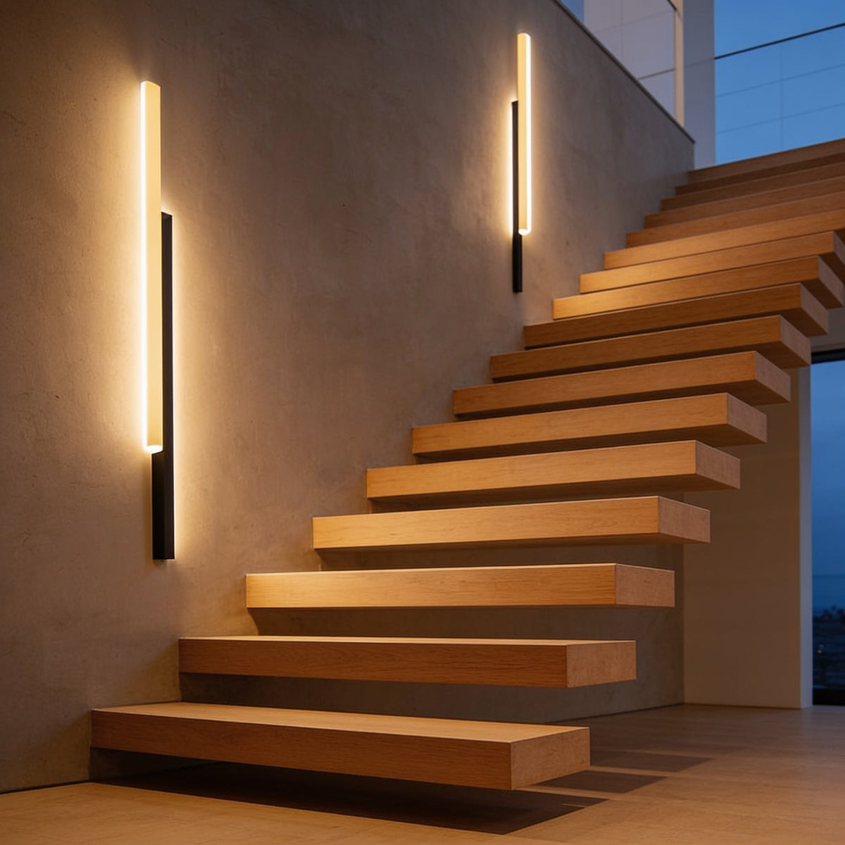Two tall vertical bars of warm light on a plaster wall beside a floating oak staircase at dusk