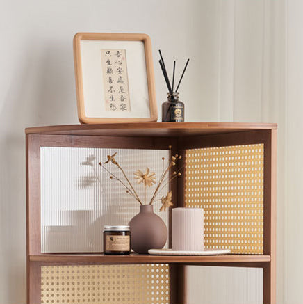 Traditional Vintage Nan Bamboo Medium Density Fiberboard PE Rattan Acrylic Hardware Bookshelf 1-Cabinet & 3-Tier For Living Room
