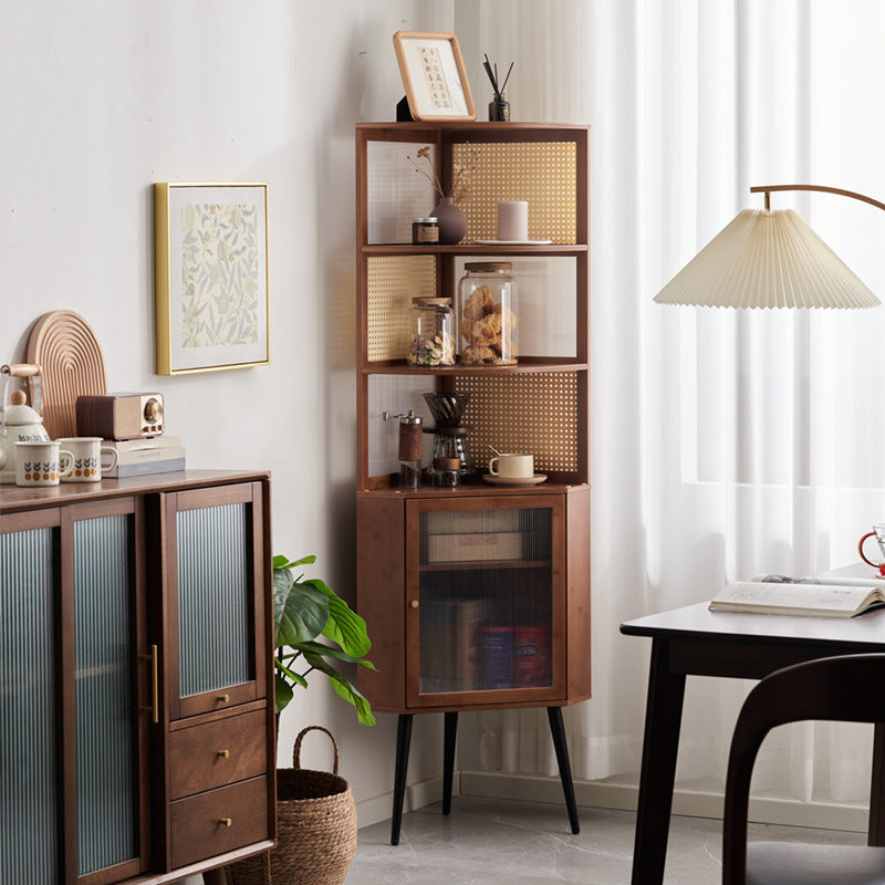 Traditional Vintage Nan Bamboo Medium Density Fiberboard PE Rattan Acrylic Hardware Bookshelf 1-Cabinet & 3-Tier For Living Room