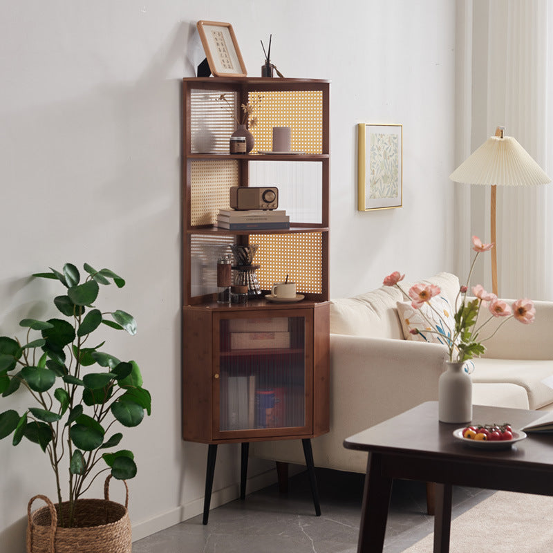 Traditional Vintage Nan Bamboo Medium Density Fiberboard PE Rattan Acrylic Hardware Bookshelf 1-Cabinet & 3-Tier For Living Room