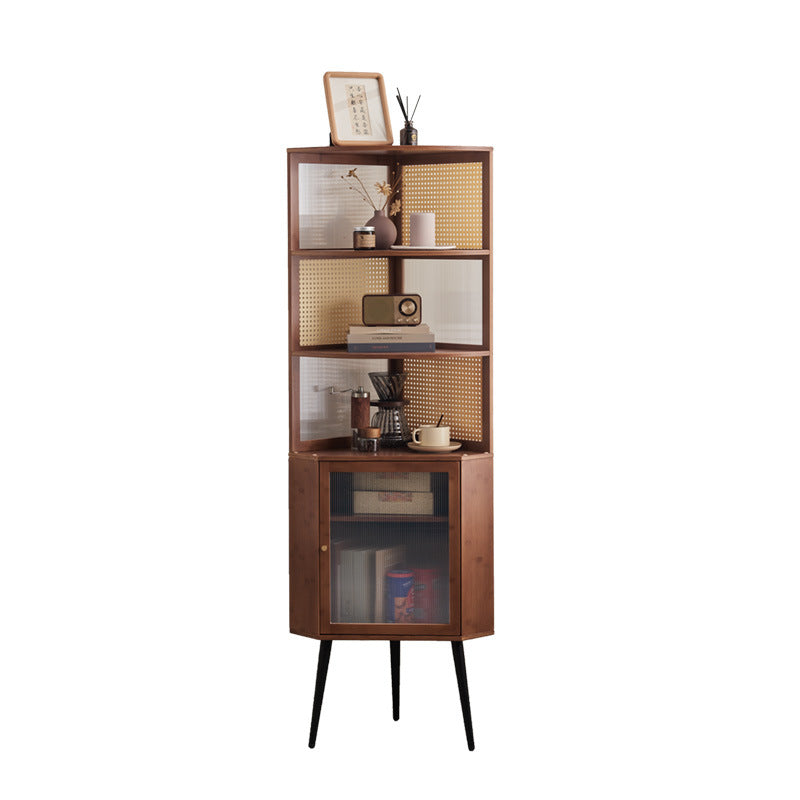 Traditional Vintage Nan Bamboo Medium Density Fiberboard PE Rattan Acrylic Hardware Bookshelf 1-Cabinet & 3-Tier For Living Room