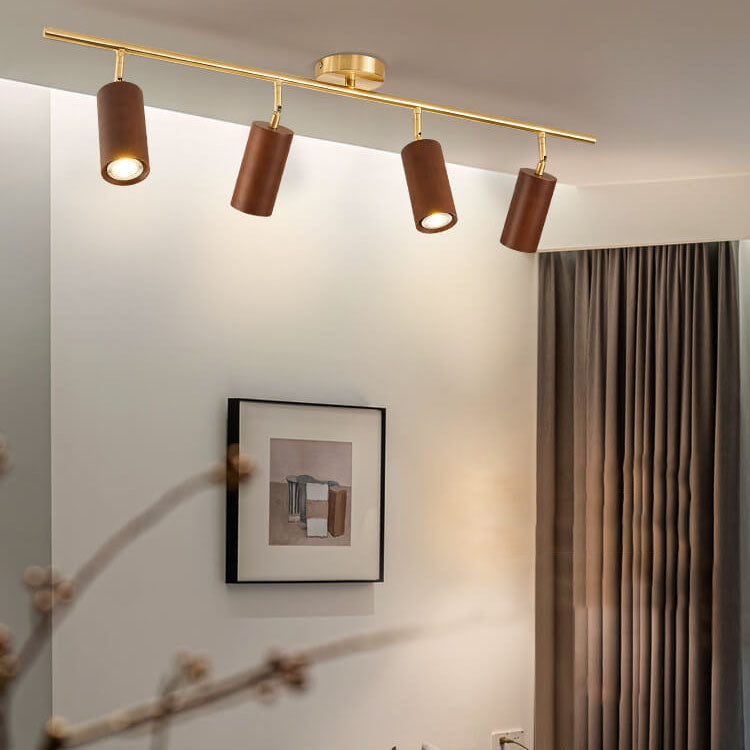 Modern Minimalist Walnut Wood Spotlight Linear Track Rubberwood Iron LED Semi-Flush Mount Ceiling Light for Living Room