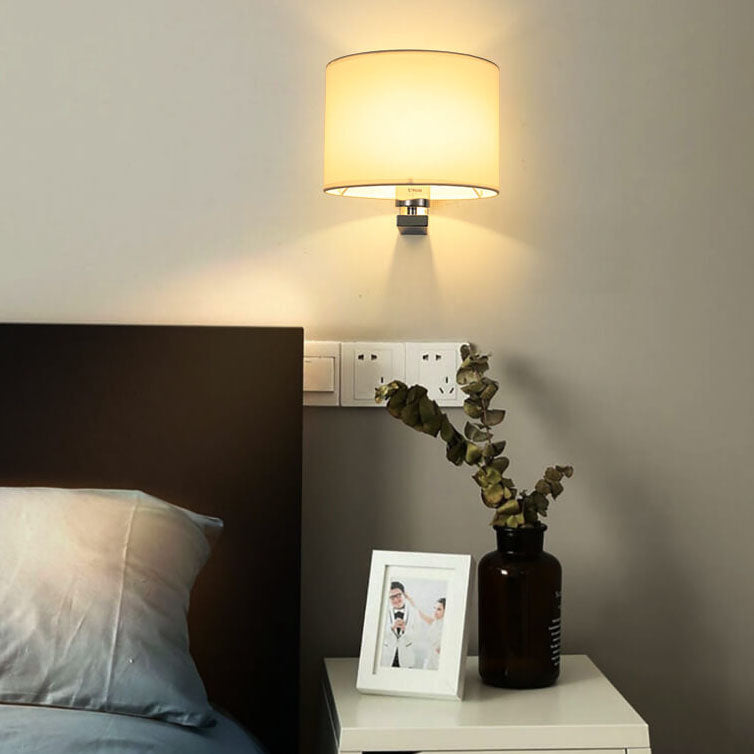 Chinese Retro Electroplated Iron Cylindrical Fabric Shade 1-Light Wall Sconce Lamp